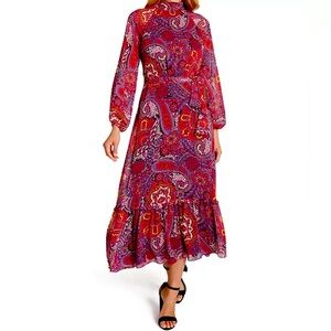 Tahari Paisley Print Chiffon Boho Midi Dress Size 10 Keyhole Neck Metallic Lined